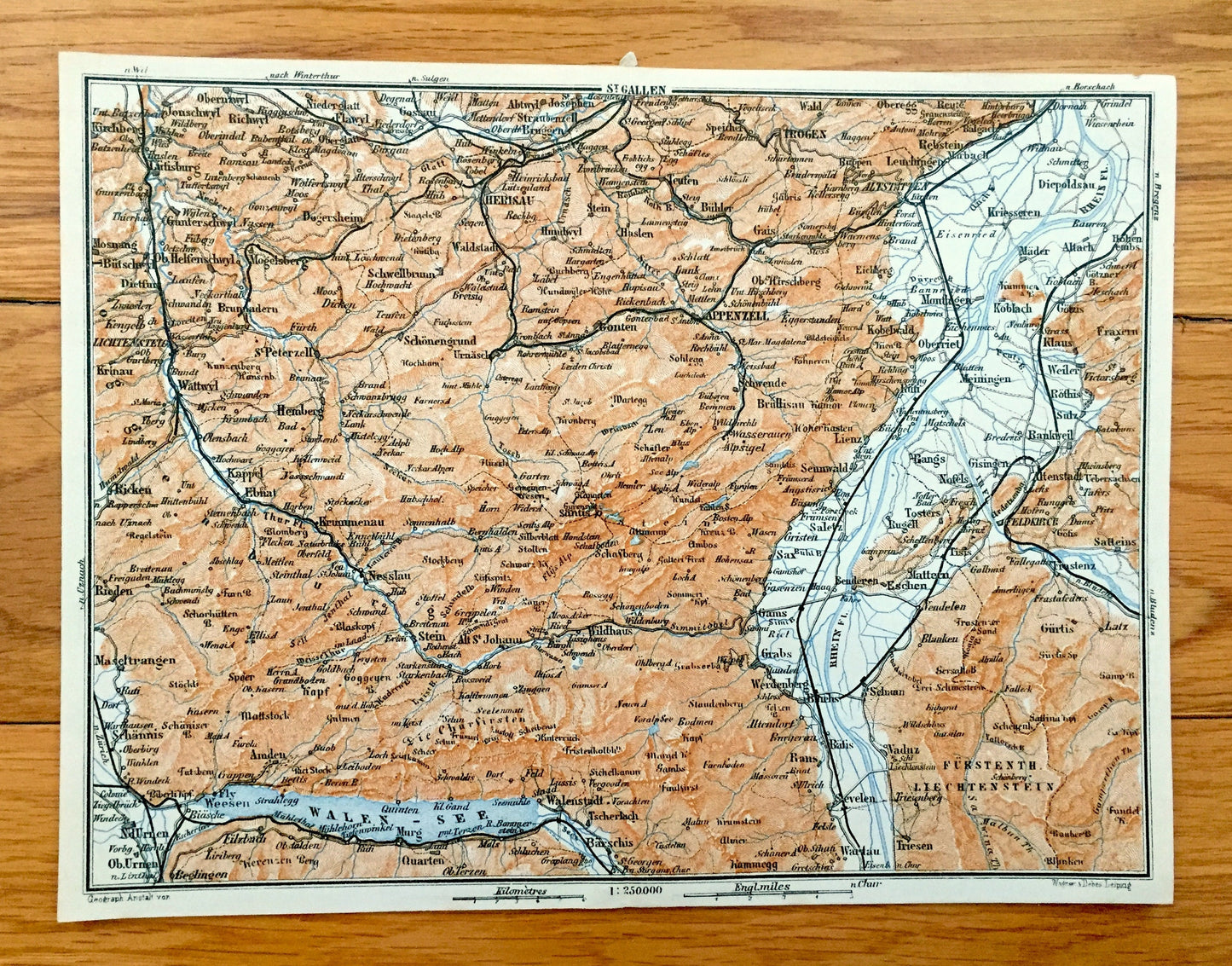 Antique 1913 St Gallen, Switzerland, Liechtenstein Map from Baedekers Guide Atlas – Walensee Lake, Feldkirch, Vaduz, Appenzell, Trogen