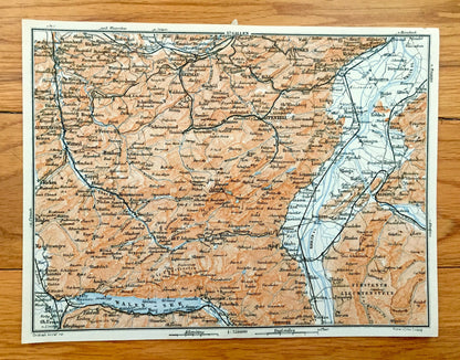 Antique 1913 St Gallen, Switzerland, Liechtenstein Map from Baedekers Guide Atlas – Walensee Lake, Feldkirch, Vaduz, Appenzell, Trogen