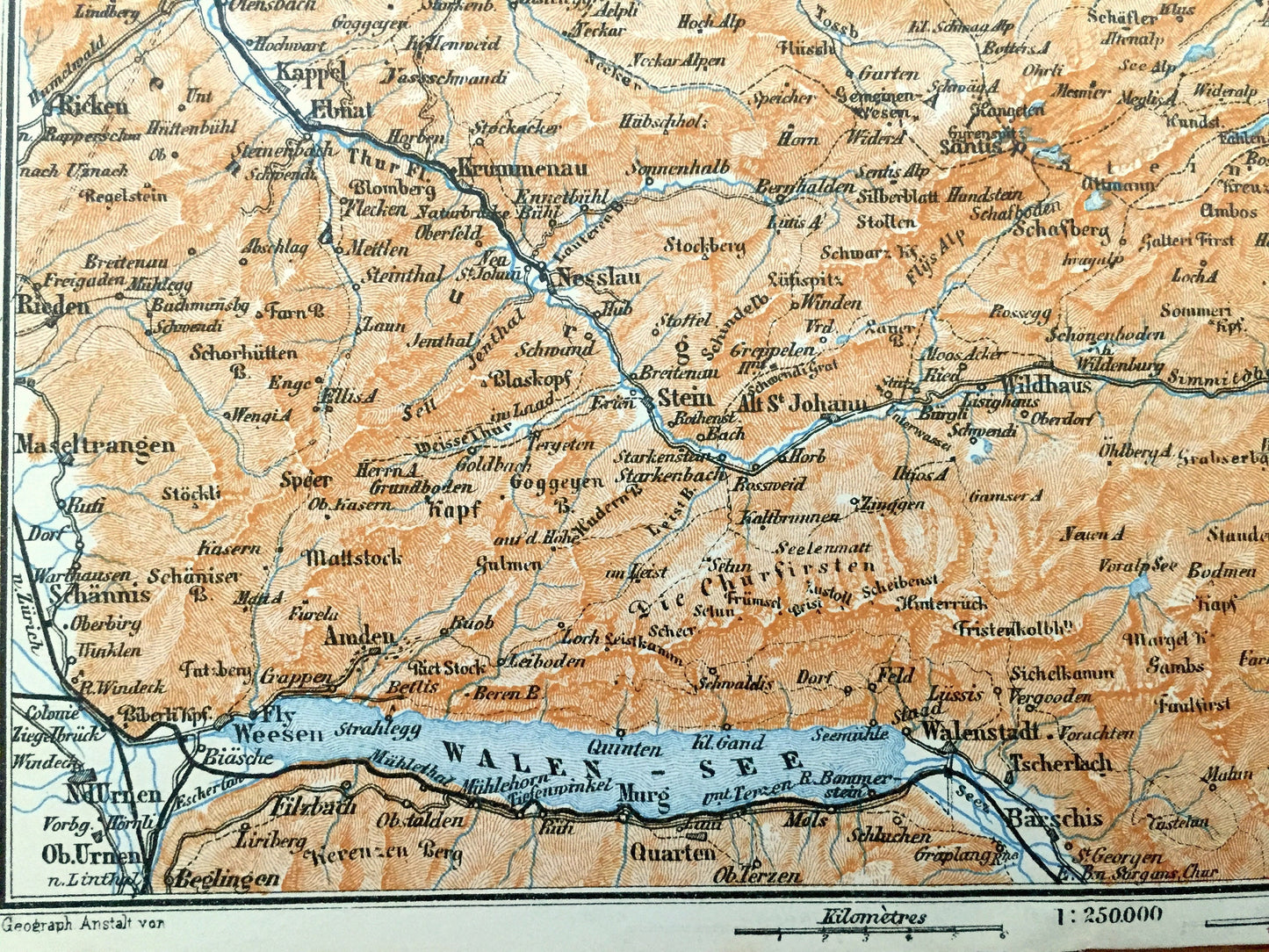 Antique 1913 St Gallen, Switzerland, Liechtenstein Map from Baedekers Guide Atlas – Walensee Lake, Feldkirch, Vaduz, Appenzell, Trogen