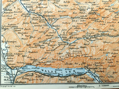 Antique 1913 St Gallen, Switzerland, Liechtenstein Map from Baedekers Guide Atlas – Walensee Lake, Feldkirch, Vaduz, Appenzell, Trogen