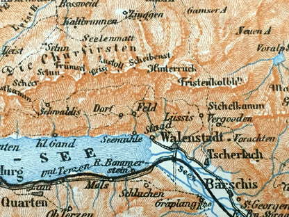 Antique 1913 St Gallen, Switzerland, Liechtenstein Map from Baedekers Guide Atlas – Walensee Lake, Feldkirch, Vaduz, Appenzell, Trogen