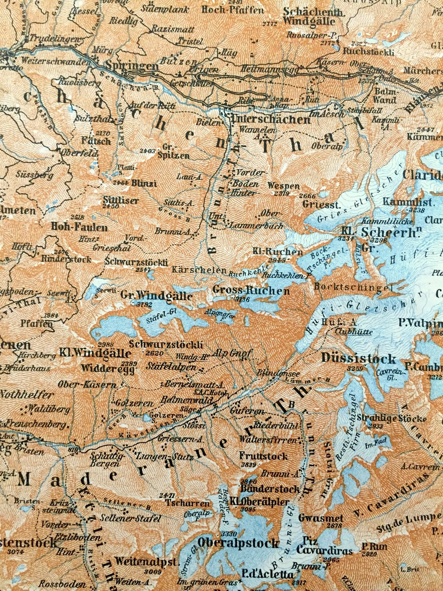 Antique 1913 Tödi Mountain, Switzerland Map from Baedekers Guide Atlas – Ruchi, Bifertenstock, Trunst, Schlans, Dardin, Somvix, Ruchen, Todi
