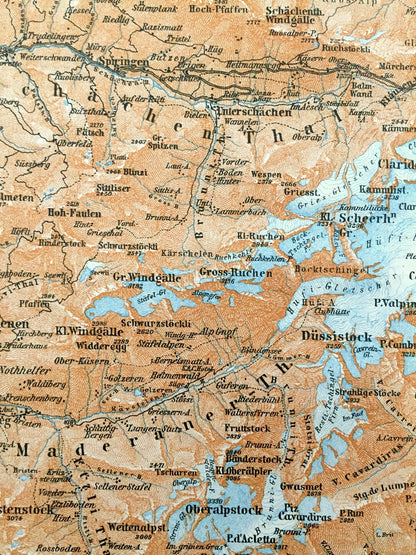 Antique 1913 Tödi Mountain, Switzerland Map from Baedekers Guide Atlas – Ruchi, Bifertenstock, Trunst, Schlans, Dardin, Somvix, Ruchen, Todi