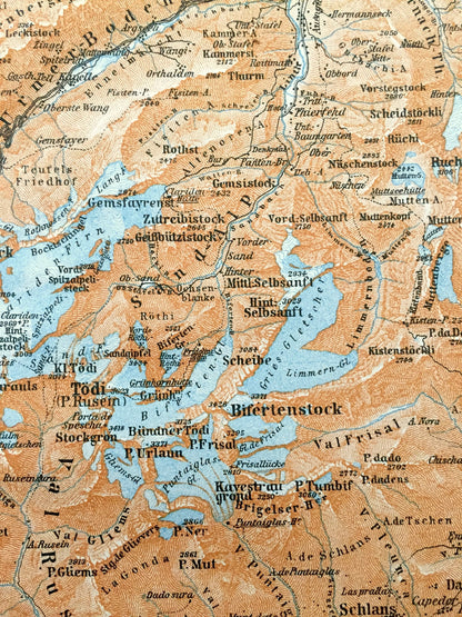 Antique 1913 Tödi Mountain, Switzerland Map from Baedekers Guide Atlas – Ruchi, Bifertenstock, Trunst, Schlans, Dardin, Somvix, Ruchen, Todi