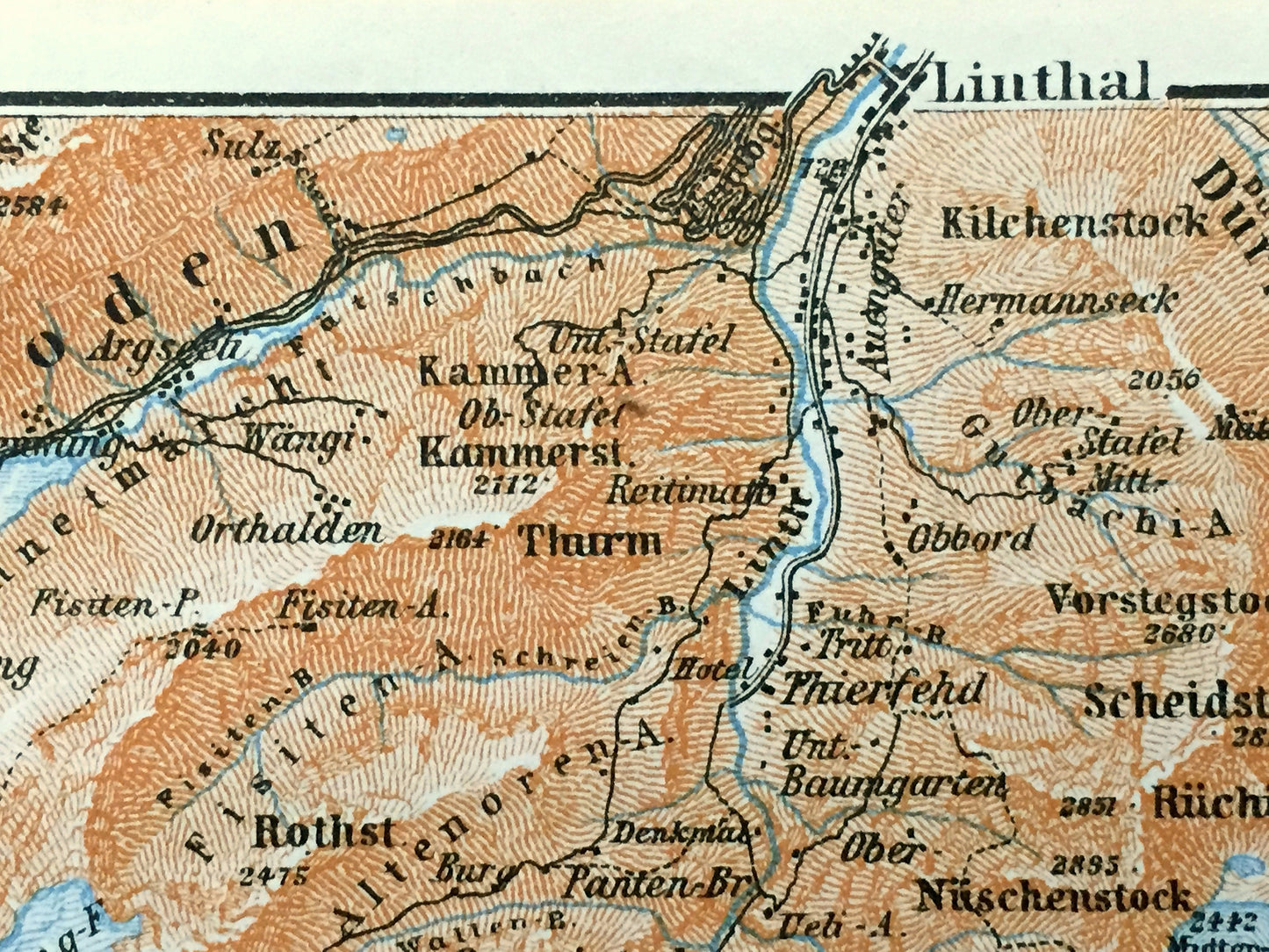 Antique 1913 Tödi Mountain, Switzerland Map from Baedekers Guide Atlas – Ruchi, Bifertenstock, Trunst, Schlans, Dardin, Somvix, Ruchen, Todi