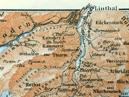 Antique 1913 Tödi Mountain, Switzerland Map from Baedekers Guide Atlas – Ruchi, Bifertenstock, Trunst, Schlans, Dardin, Somvix, Ruchen, Todi