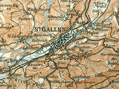 Antique 1913 St Gallen, Switzerland  Map from Baedekers Guide Atlas – Herisau, Appenzal, Altstätten, Rorschach, Teufen, Trogen, Andwil