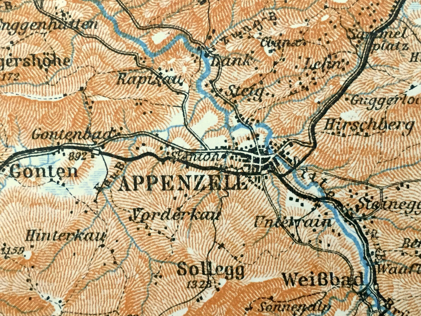 Antique 1913 St Gallen, Switzerland  Map from Baedekers Guide Atlas – Herisau, Appenzal, Altstätten, Rorschach, Teufen, Trogen, Andwil
