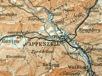 Antique 1913 St Gallen, Switzerland  Map from Baedekers Guide Atlas – Herisau, Appenzal, Altstätten, Rorschach, Teufen, Trogen, Andwil