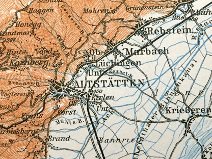 Antique 1913 St Gallen, Switzerland  Map from Baedekers Guide Atlas – Herisau, Appenzal, Altstätten, Rorschach, Teufen, Trogen, Andwil