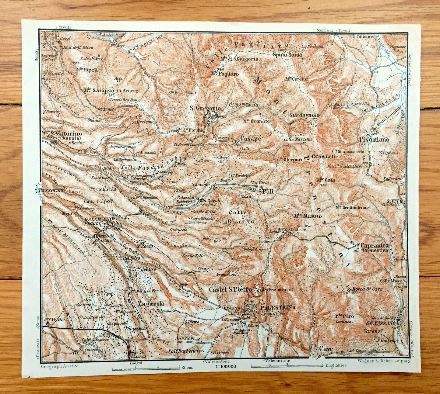 Antique 1913 Palestrina, Italy Map from Baedekers Guide Atlas – Pisoniano, Zagaralo, Castel S. Pietro, Cave, S. Gregorio, Casape, Capranica