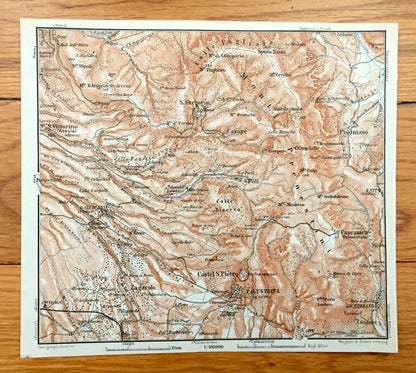 Antique 1913 Palestrina, Italy Map from Baedekers Guide Atlas – Pisoniano, Zagaralo, Castel S. Pietro, Cave, S. Gregorio, Casape, Capranica