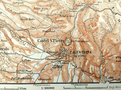 Antique 1913 Palestrina, Italy Map from Baedekers Guide Atlas – Pisoniano, Zagaralo, Castel S. Pietro, Cave, S. Gregorio, Casape, Capranica
