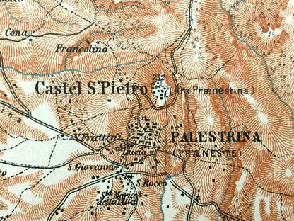 Antique 1913 Palestrina, Italy Map from Baedekers Guide Atlas – Pisoniano, Zagaralo, Castel S. Pietro, Cave, S. Gregorio, Casape, Capranica