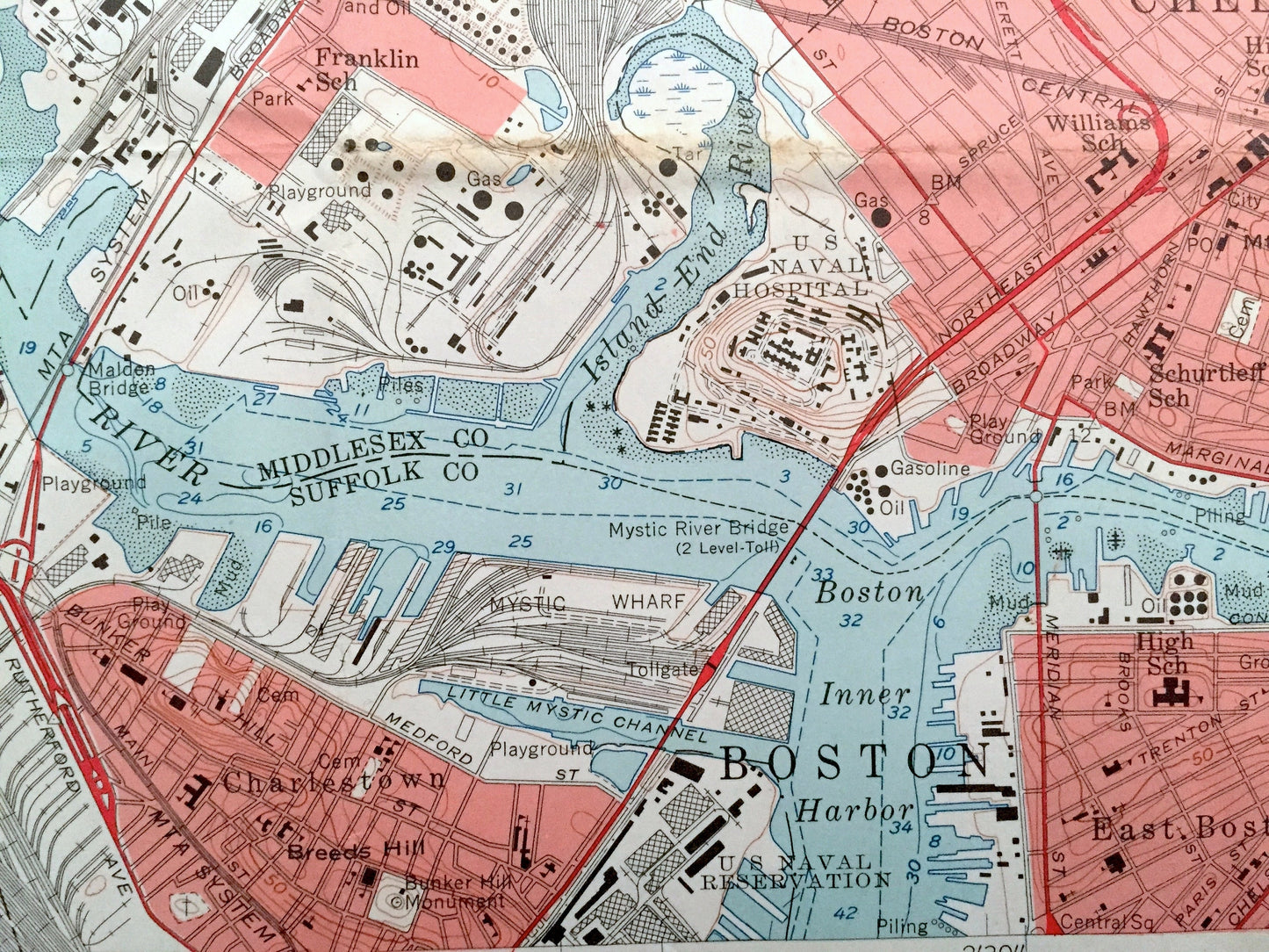Antique Boston, Massachusetts 1956 US Geological Survey Topographic Map – Revere, Chelsea, Cambridge, Malden Woburn Saugus Suffolk County MA