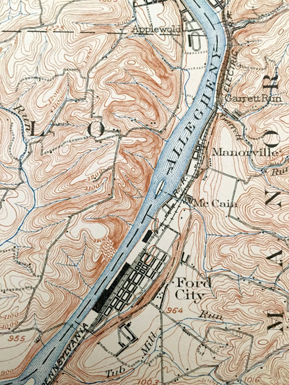 Antique Kittanning, Pennsylvania 1902 US Geological Survey Topographic Map - Fairview, Donegal, Clearfield, Rayburn, Bradys Bend, Sugarcreek