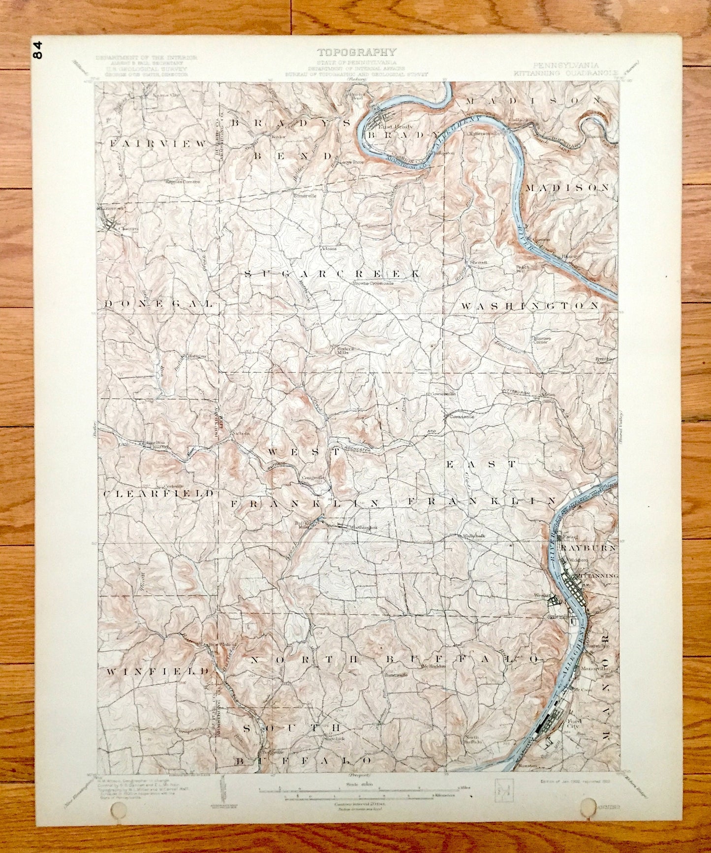 Antique Kittanning, Pennsylvania 1902 US Geological Survey Topographic Map - Fairview, Donegal, Clearfield, Rayburn, Bradys Bend, Sugarcreek
