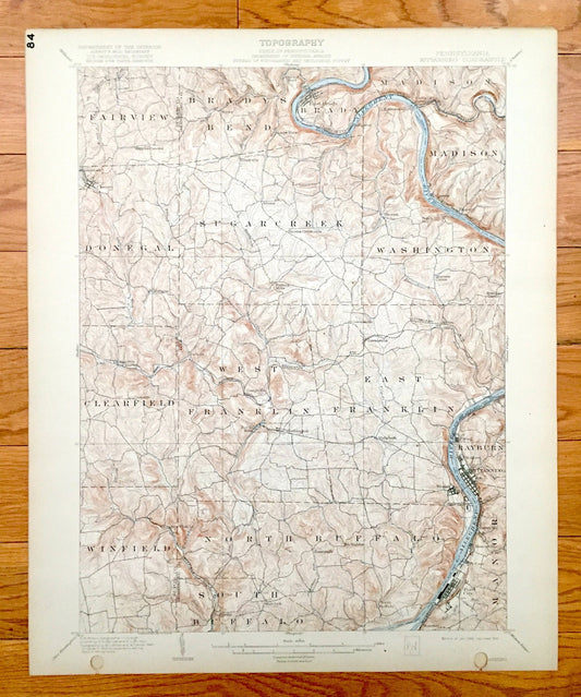Antique Kittanning, Pennsylvania 1902 US Geological Survey Topographic Map - Fairview, Donegal, Clearfield, Rayburn, Bradys Bend, Sugarcreek