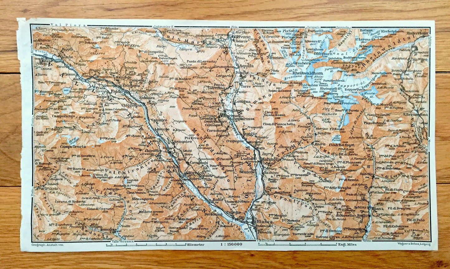 Antique 1913 Malvaglia, Switzerland Map from Baedekers Guide Atlas – Olivone, Aquila, Faido, Giornico, Biasca, Rheinwaldhorn, Ambri, Ticino