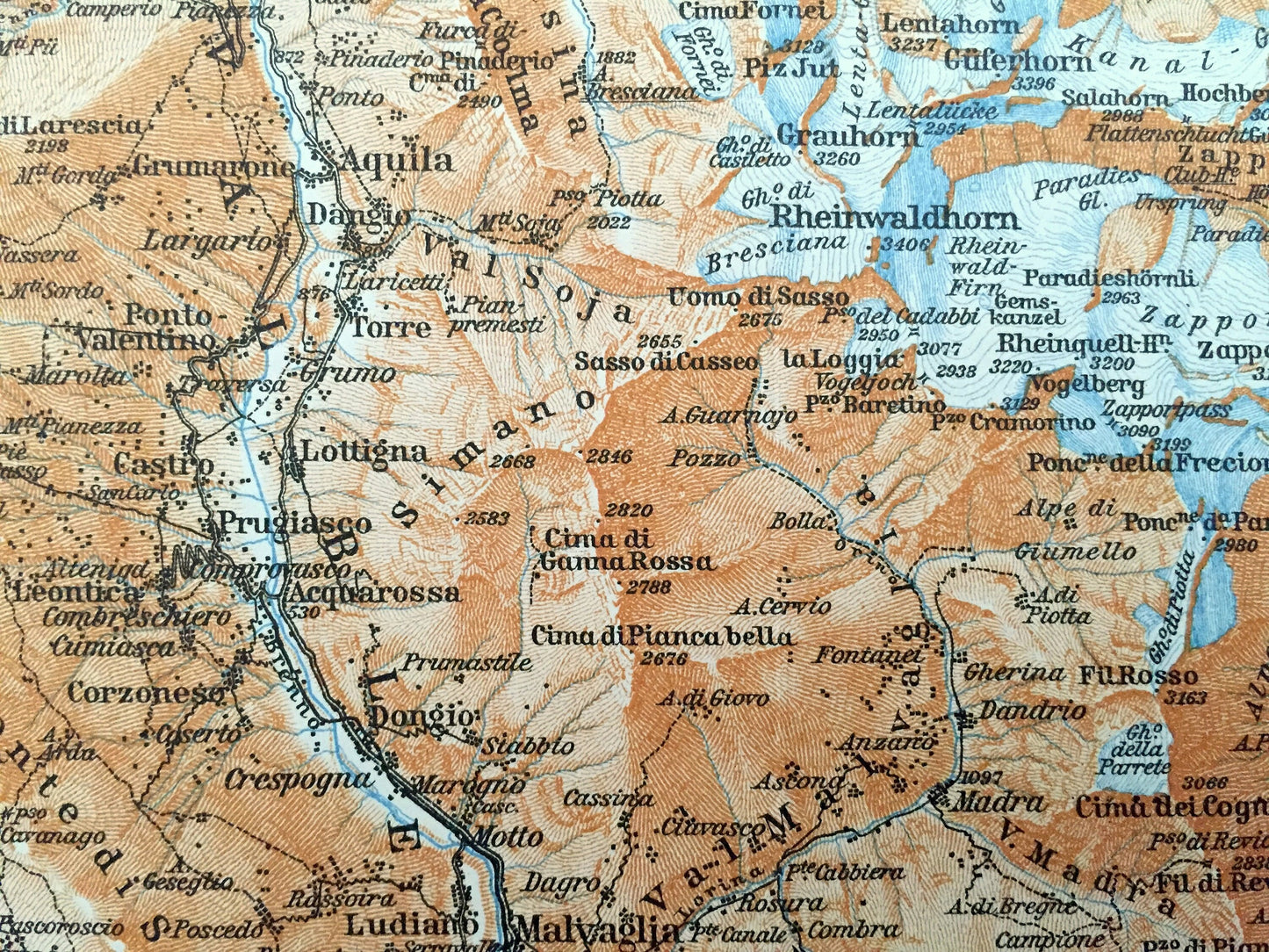 Antique 1913 Malvaglia, Switzerland Map from Baedekers Guide Atlas – Olivone, Aquila, Faido, Giornico, Biasca, Rheinwaldhorn, Ambri, Ticino