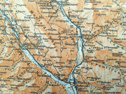 Antique 1913 Malvaglia, Switzerland Map from Baedekers Guide Atlas – Olivone, Aquila, Faido, Giornico, Biasca, Rheinwaldhorn, Ambri, Ticino