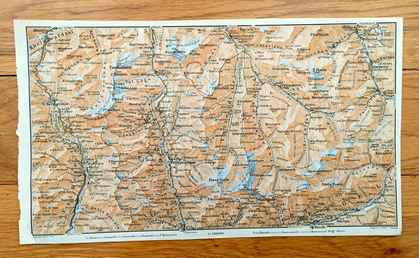 Antique 1913 Pizzo Stella, Italy Map from Baedekers Guide Atlas – Vicosoprano, Bivio, Stalla, Mazzerspitz, Tambohorn, Soazza, Corbet, Hirli