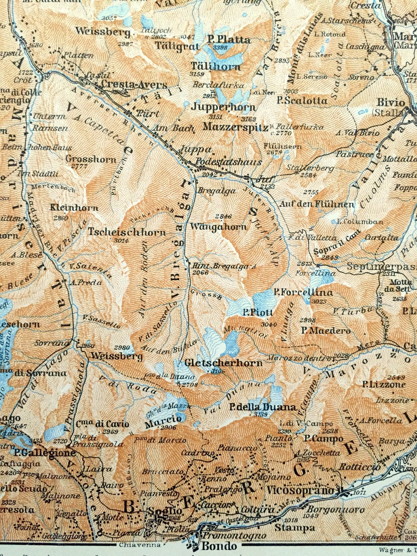 Antique 1913 Pizzo Stella, Italy Map from Baedekers Guide Atlas – Vicosoprano, Bivio, Stalla, Mazzerspitz, Tambohorn, Soazza, Corbet, Hirli
