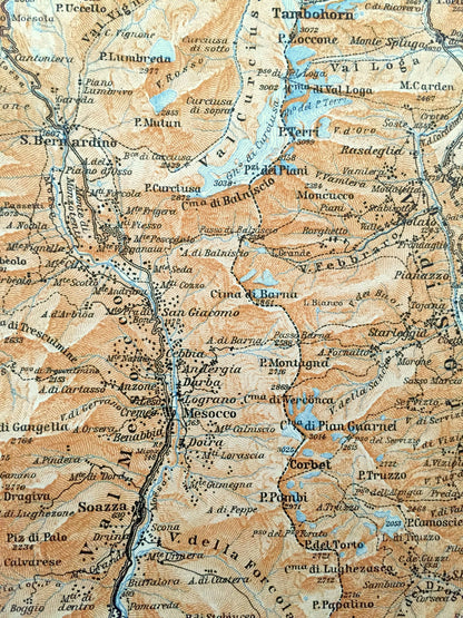 Antique 1913 Pizzo Stella, Italy Map from Baedekers Guide Atlas – Vicosoprano, Bivio, Stalla, Mazzerspitz, Tambohorn, Soazza, Corbet, Hirli
