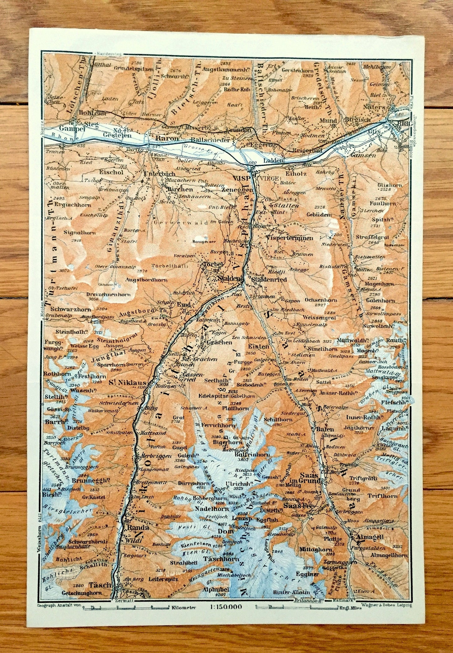 Antique 1913 Brig, Switzerland Map from Baedekers Guide Atlas – Visp, Raron, Gampel, Stalden, Randa, Dom, Tasch, Saas Grund, Balen, Torbel