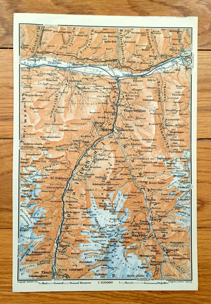 Antique 1913 Brig, Switzerland Map from Baedekers Guide Atlas – Visp, Raron, Gampel, Stalden, Randa, Dom, Tasch, Saas Grund, Balen, Torbel