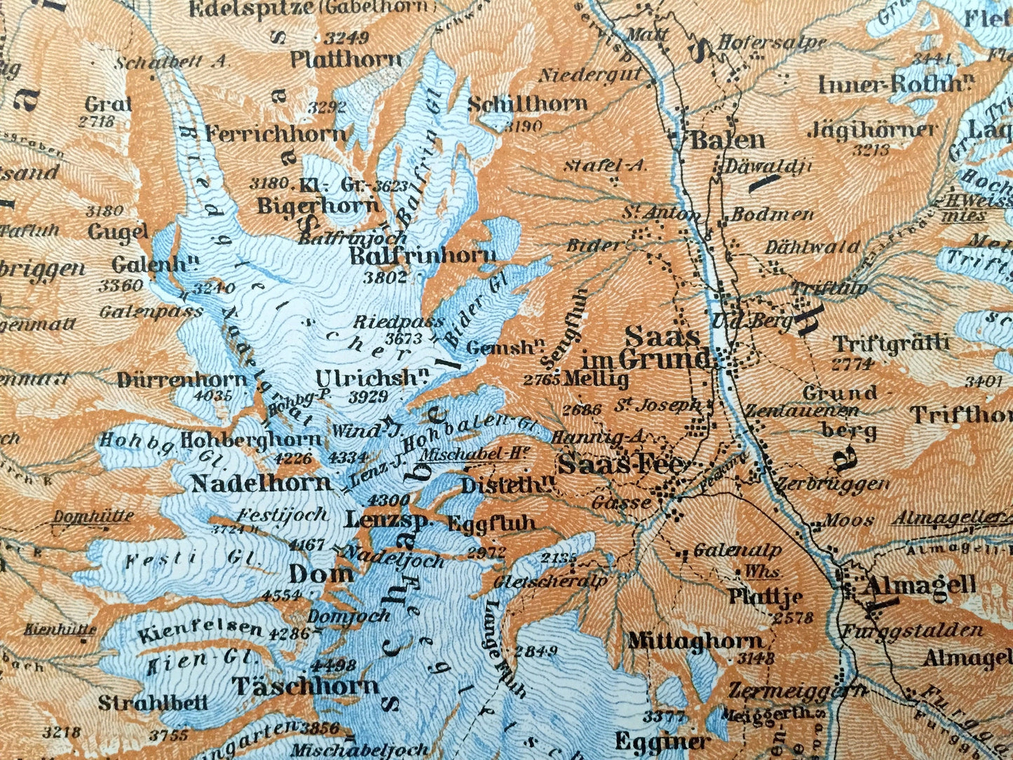 Antique 1913 Brig, Switzerland Map from Baedekers Guide Atlas – Visp, Raron, Gampel, Stalden, Randa, Dom, Tasch, Saas Grund, Balen, Torbel