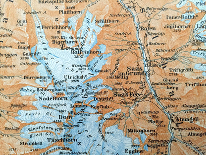 Antique 1913 Brig, Switzerland Map from Baedekers Guide Atlas – Visp, Raron, Gampel, Stalden, Randa, Dom, Tasch, Saas Grund, Balen, Torbel