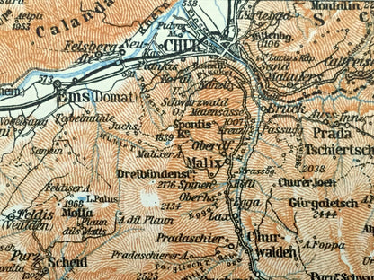 Antique 1913 Chur, Switzerland Map from Baedekers Guide Atlas – Ems, Thusis, Davos, Malix, Wiesen, Zorten, Platz, Piz d'Aela, Piz d'Err Alps