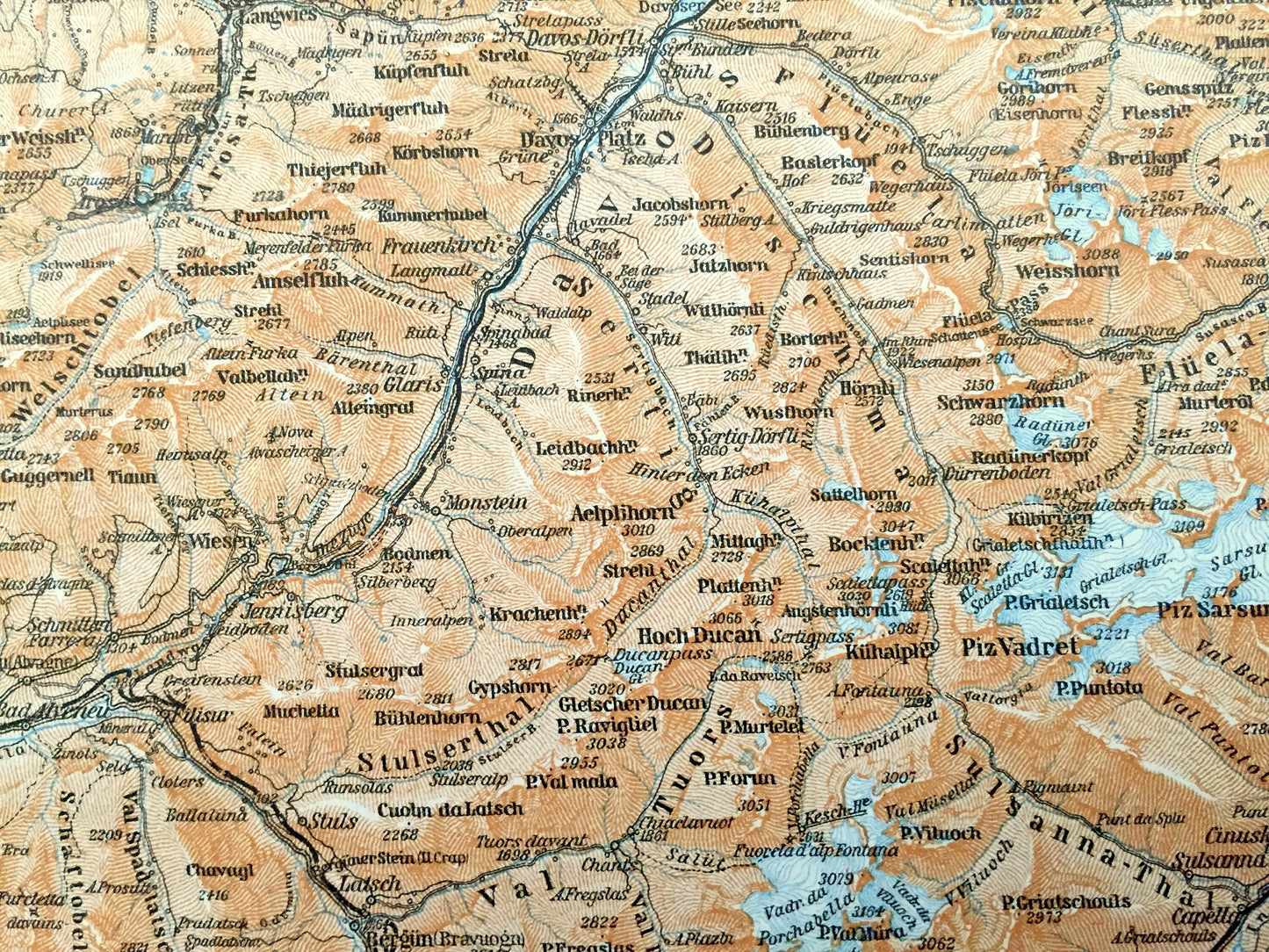 Antique 1913 Chur, Switzerland Map from Baedekers Guide Atlas – Ems, Thusis, Davos, Malix, Wiesen, Zorten, Platz, Piz d'Aela, Piz d'Err Alps