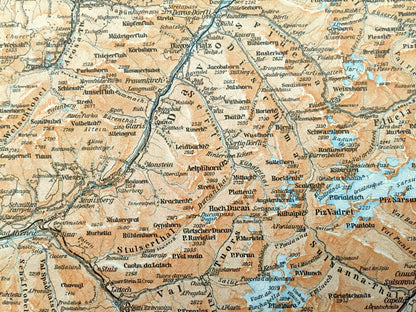 Antique 1913 Chur, Switzerland Map from Baedekers Guide Atlas – Ems, Thusis, Davos, Malix, Wiesen, Zorten, Platz, Piz d'Aela, Piz d'Err Alps