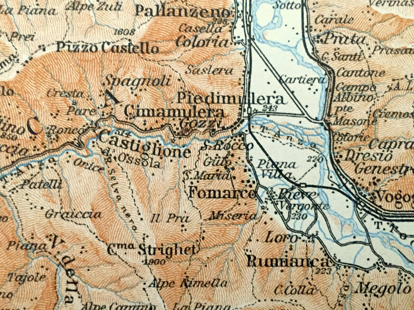 Antique 1913 Domodossola, Italy Map from Baedekers Guide Atlas – Bannio, Vanzone, Anzino, Monte Moro, Almagell, Balen, Grund, Weissmies
