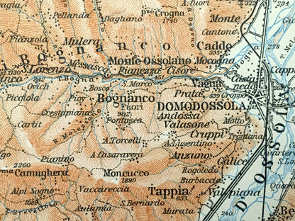 Antique 1913 Domodossola, Italy Map from Baedekers Guide Atlas – Bannio, Vanzone, Anzino, Monte Moro, Almagell, Balen, Grund, Weissmies