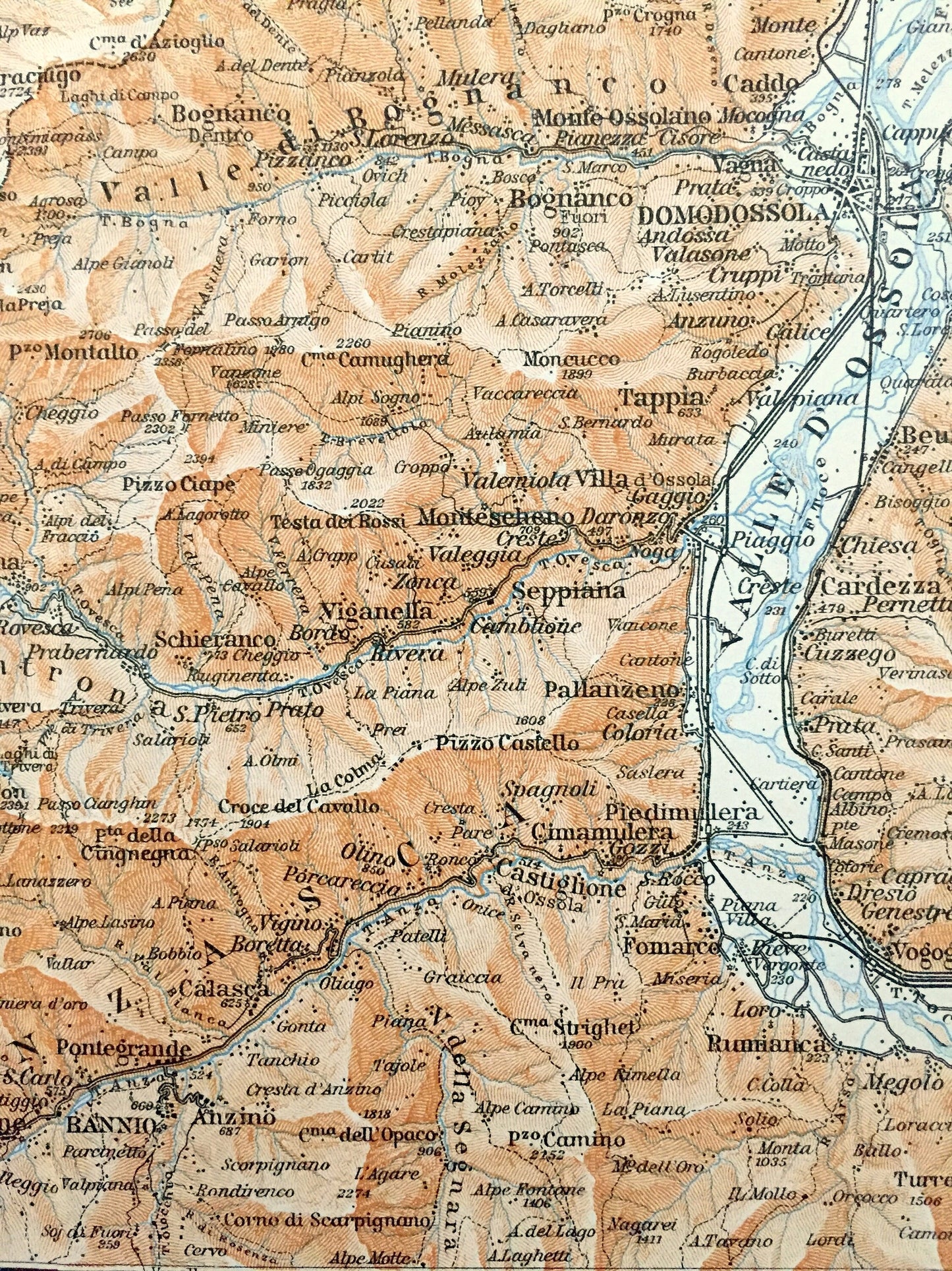 Antique 1913 Domodossola, Italy Map from Baedekers Guide Atlas – Bannio, Vanzone, Anzino, Monte Moro, Almagell, Balen, Grund, Weissmies