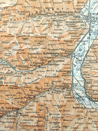 Antique 1913 Domodossola, Italy Map from Baedekers Guide Atlas – Bannio, Vanzone, Anzino, Monte Moro, Almagell, Balen, Grund, Weissmies