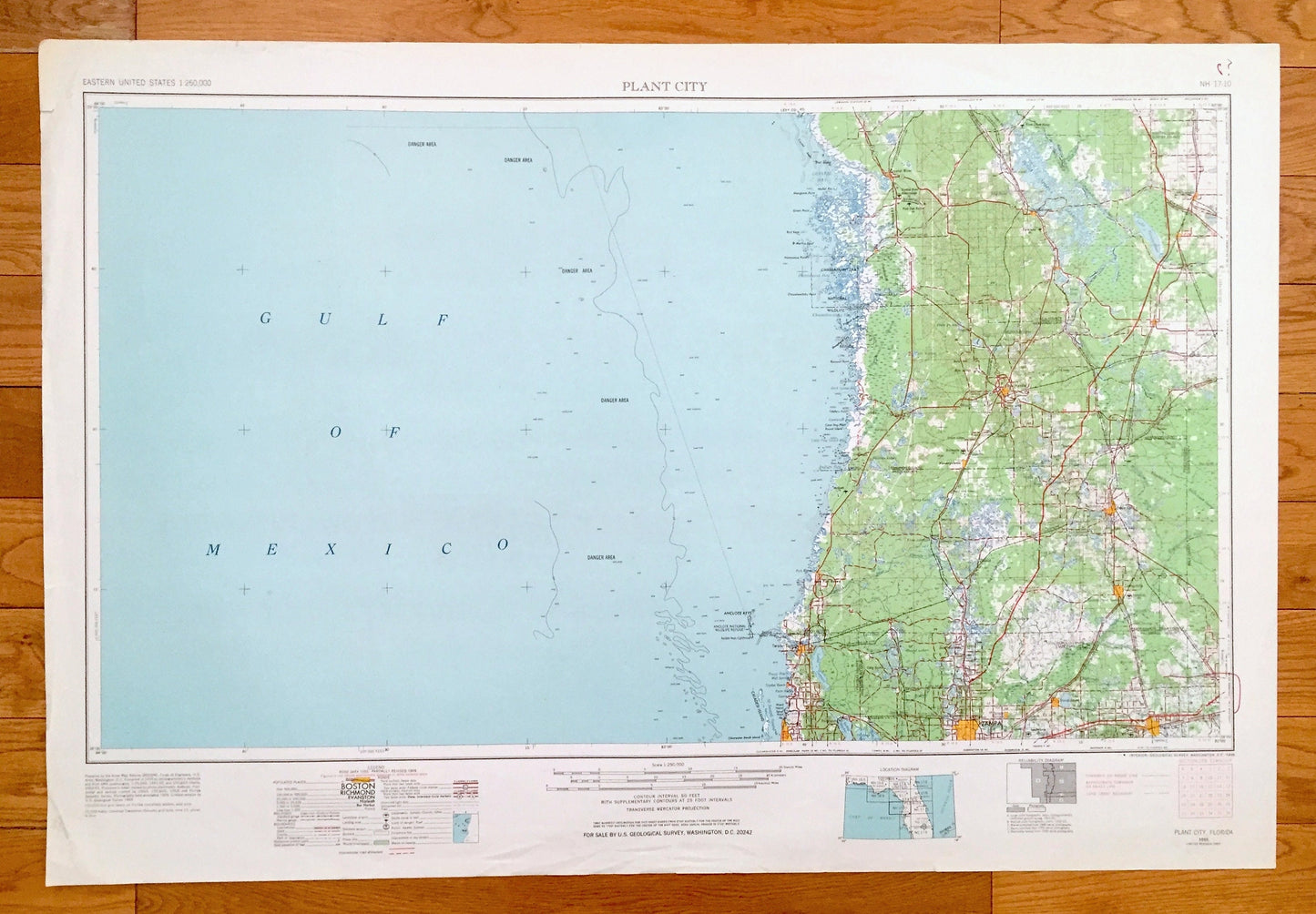 Antique Plant City, Florida 1955 US Geological Survey Topographic Map – Tampa, Dunedin, New Port Richey, Zephyrhillis, Dade City, Wildwood