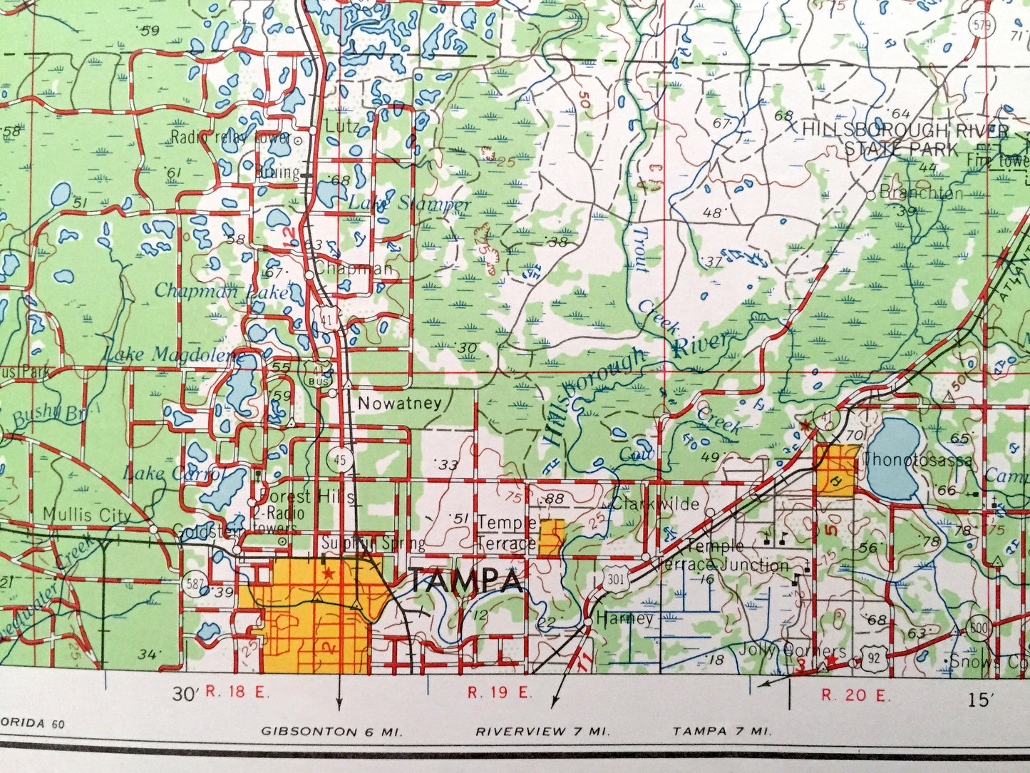 Antique Plant City, Florida 1964 US Geological Survey Topographic Map – Tampa, Dunedin, New Port Richey, Zephyrhillis, Dade City, Wildwood