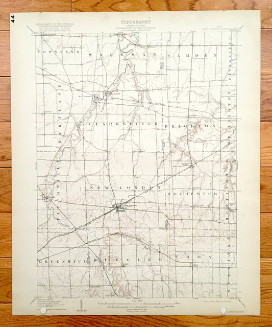 Antique New London, Ohio 1908 US Geological Survey Topographic Map - Greenwich, Ruggles, Troy, Sullivan, Rochester, Fitchville, Clarksfield