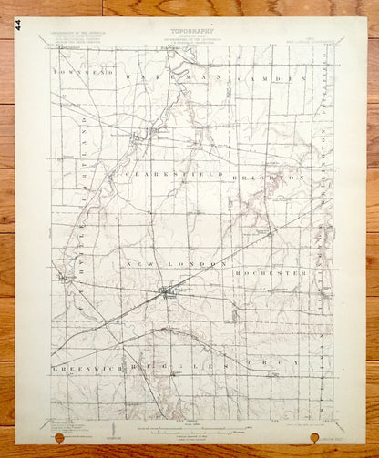 Antique New London, Ohio 1908 US Geological Survey Topographic Map - Greenwich, Ruggles, Troy, Sullivan, Rochester, Fitchville, Clarksfield