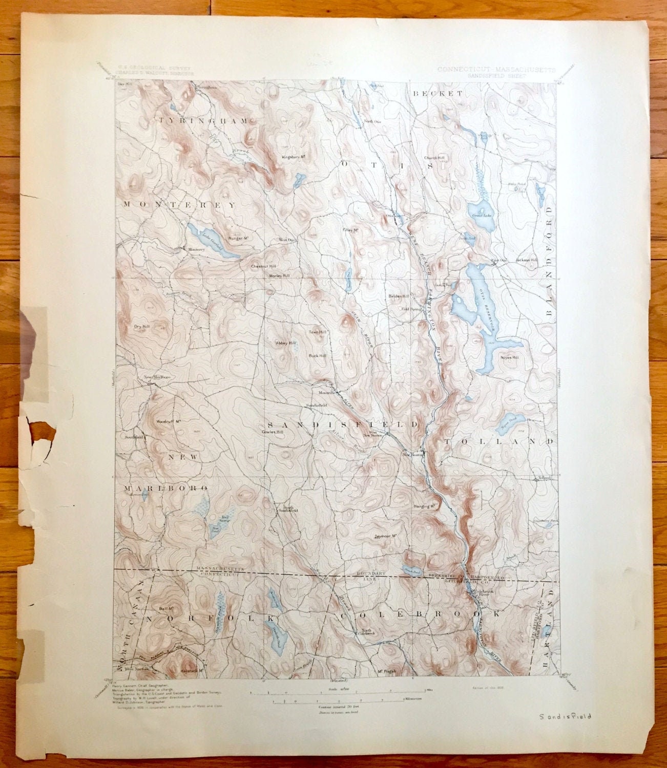 Antique Sandisfield, Massachusetts 1897 US Geological Survey Topographic Map – Otis Monterey New Marlboro Tolland Norfolk Connecticut MA CT