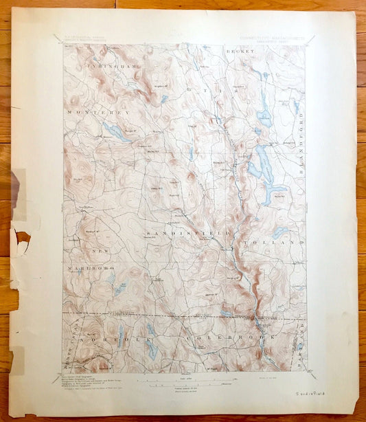 Antique Sandisfield, Massachusetts 1897 US Geological Survey Topographic Map – Otis Monterey New Marlboro Tolland Norfolk Connecticut MA CT