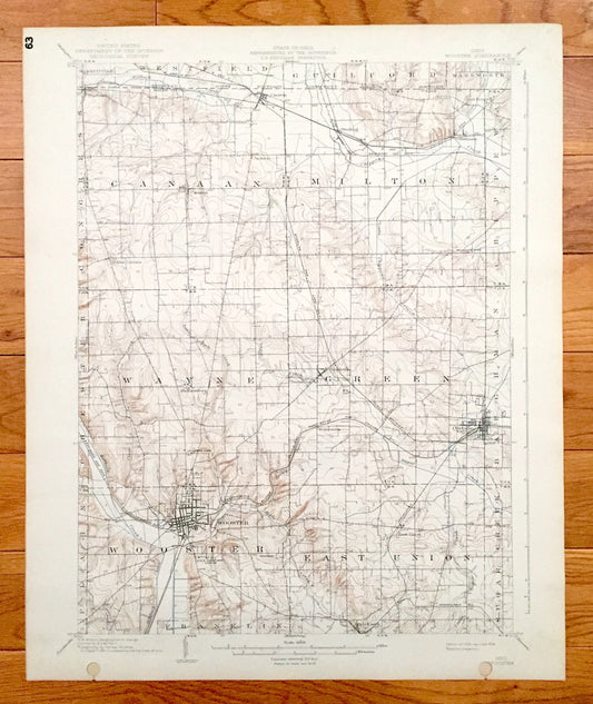 Antique Wooster, Ohio 1903 US Geological Survey Topographic Map - Franklin, East Union, Plain, Wayne, Green, Baughman, Chippewa, Westfield