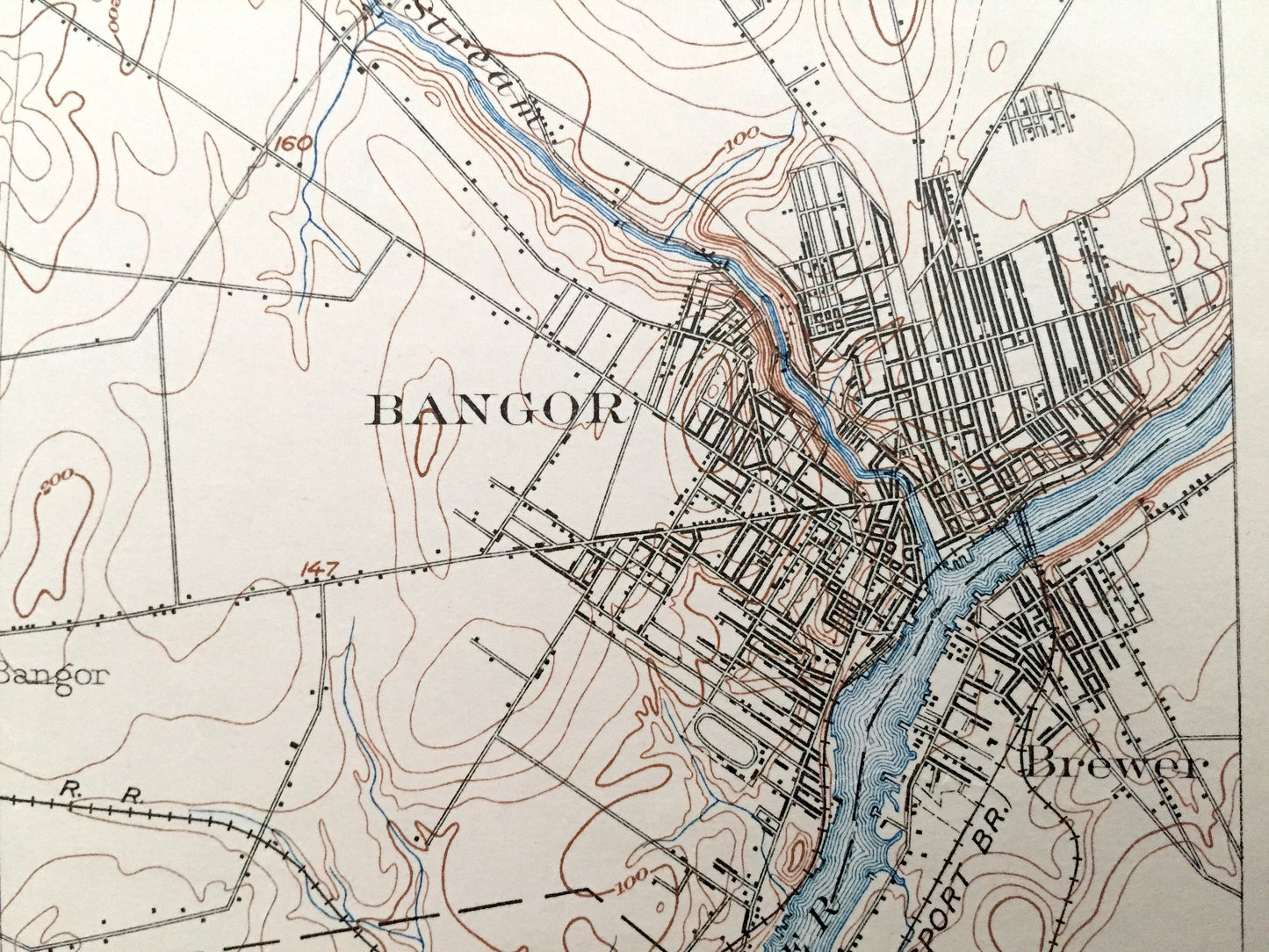 Antique Bangor, Maine 1902 US Geological Survey Topographic Map – Brewer, Hampden, Hermon, Orono, Pushaw Lake, Old Town, Penobscot County ME