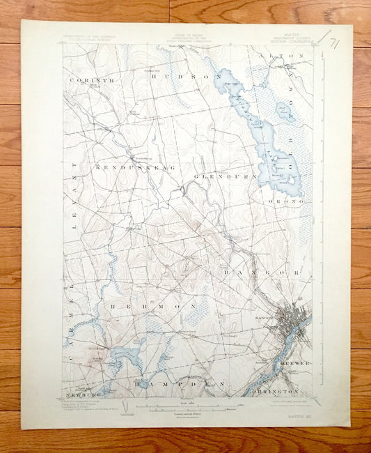 Antique Bangor, Maine 1902 US Geological Survey Topographic Map – Brewer, Hampden, Hermon, Orono, Pushaw Lake, Old Town, Penobscot County ME