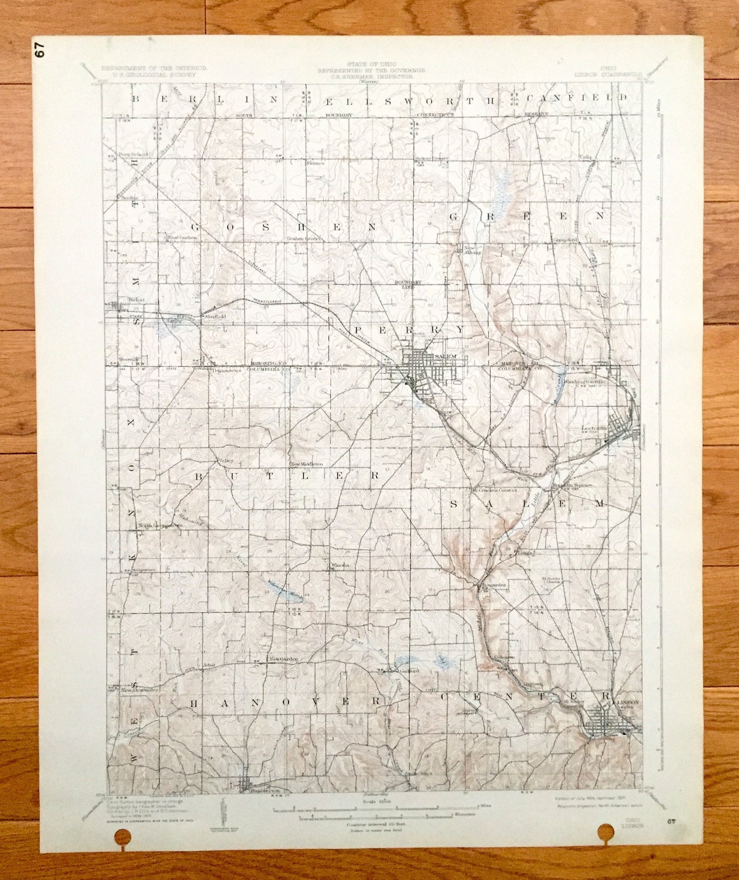 Antique Lisbon, Ohio 1909 US Geological Survey Topographic Map - Mahoning, Columbiana County, Smith, Berlin, Goshen, Green, Butler, Salem OH