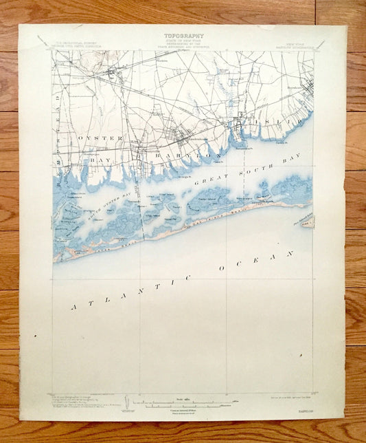 Antique Babylon, New York 1903 US Geological Survey Topographic Map – Long Island, Oyster Bay, Bay Shore Nassau Suffolk Jones Fire Island NY